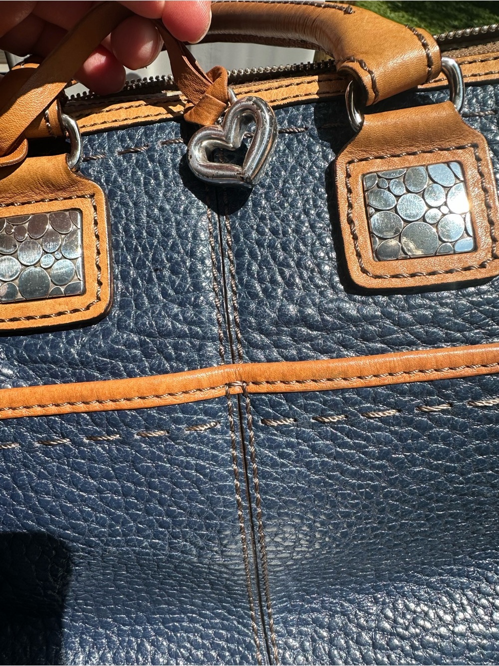 Brighton Navy Blue pebbled leather with Tan Leather Patch Tote - Picture 14 of 15